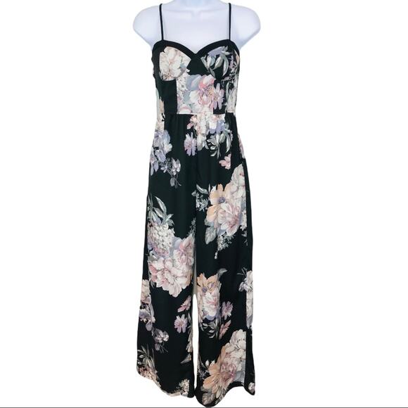 Band of Gypsies Black Floral Jumpsuit with Pockets wide leg - Picture 3 of 11